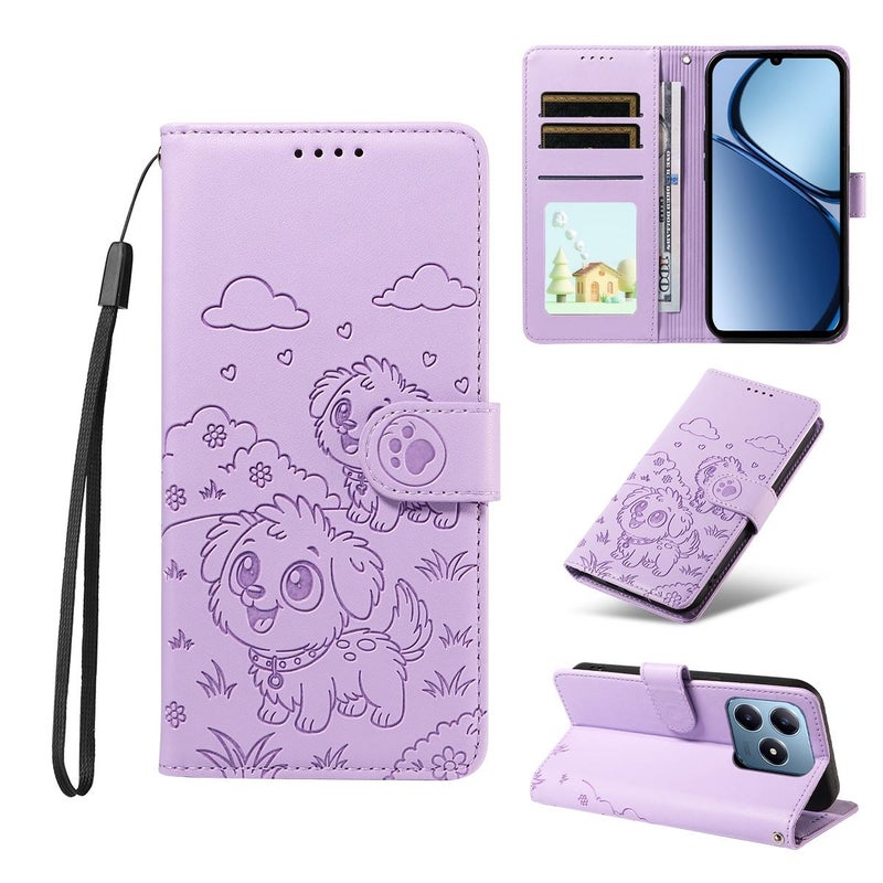 For Realme C63 / C61 / Note 60 Embossed  Dog RFID Blocking Wallet Leather Phone Case(Purple) - Image 1
